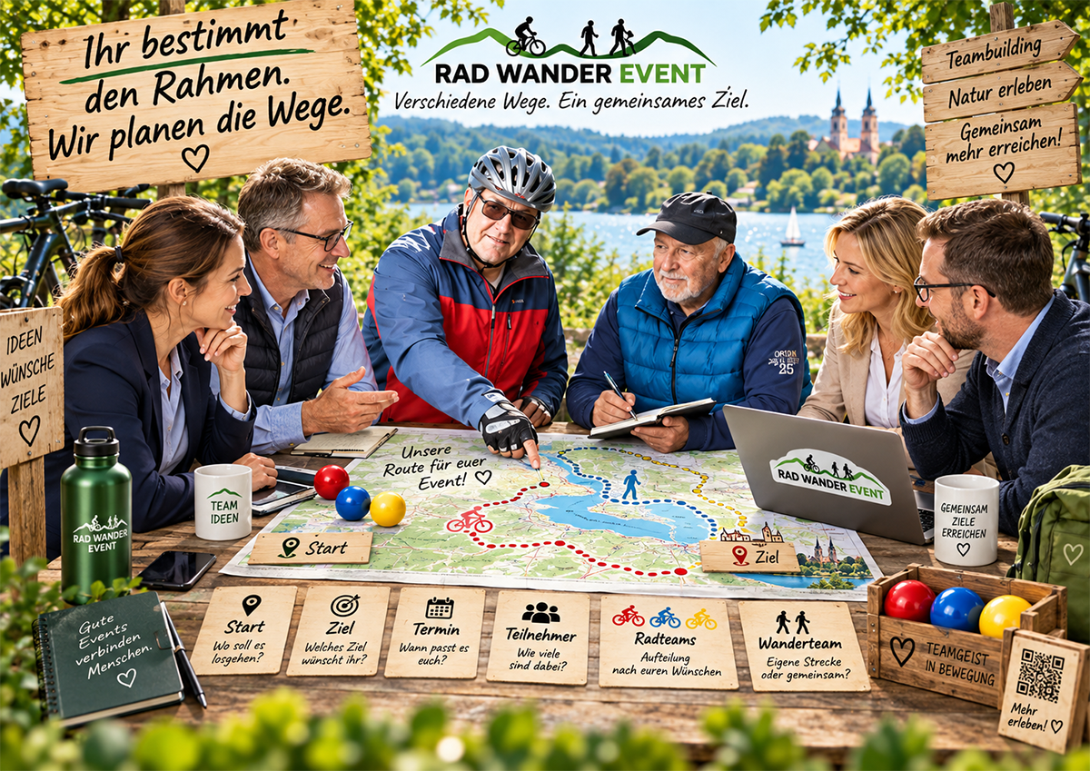 Illustration zur Eventplanung: Eine Gruppe bespricht Rad- und Wanderstrecken an einer Karte.