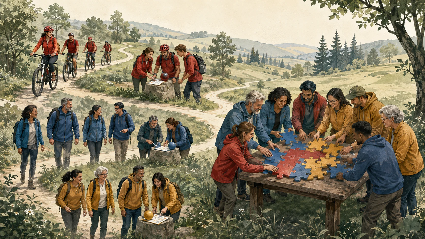 Illustration : les équipes rouge, bleue et jaune découvrent des indices sur des itinéraires séparés à vélo et à pied, puis reconstituent ensemble une énigme.