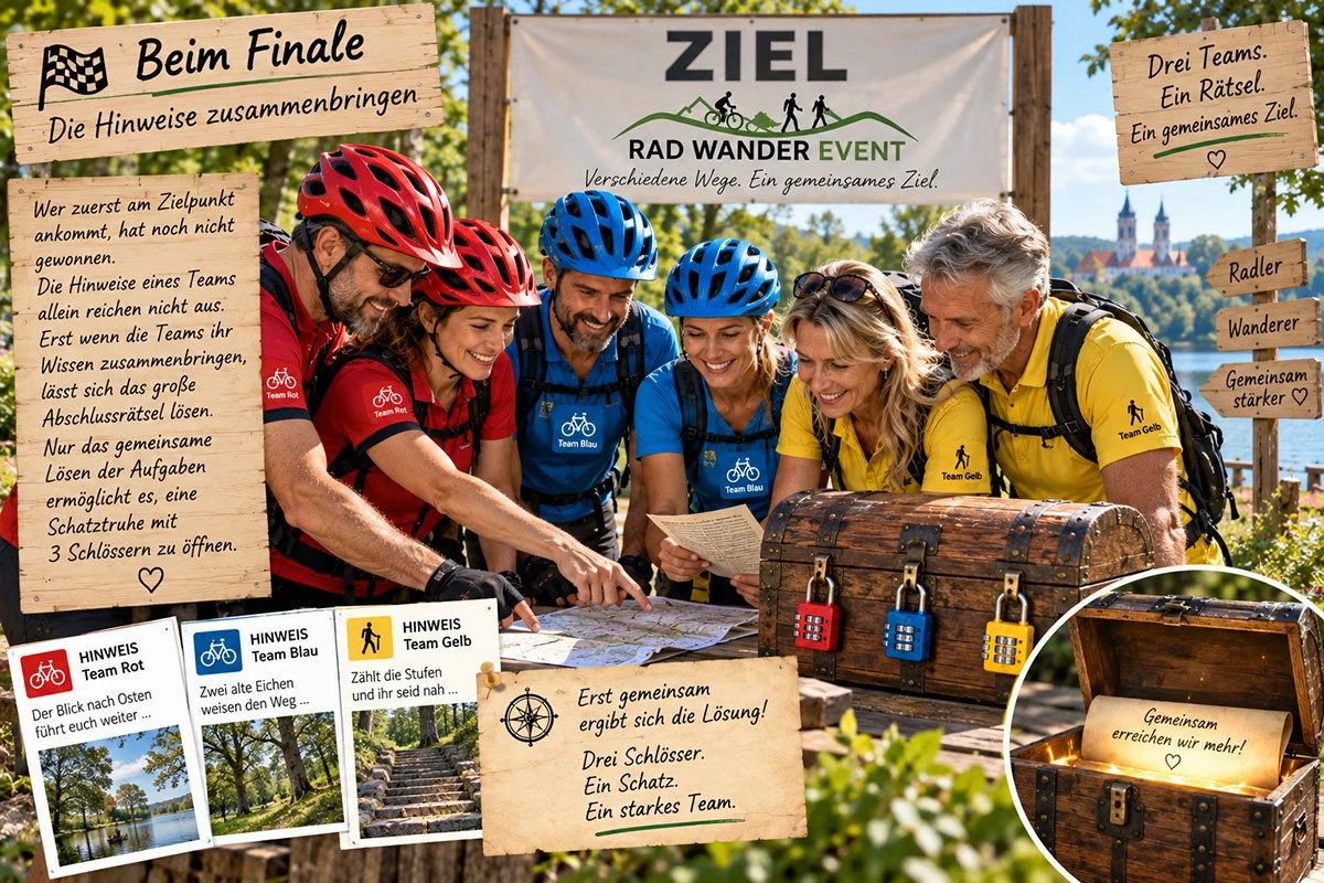Die roten, blauen und gelben Teams treffen sich am gemeinsamen Ziel und bringen ihre Hinweise zusammen. Erst durch die gemeinsame Lösung aller Aufgaben können die drei Schlösser der Schatztruhe geöffnet werden.