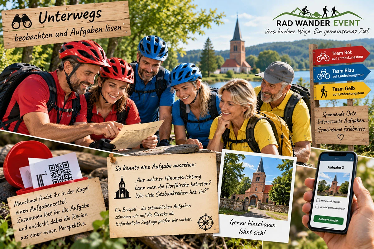 Teilnehmer der roten, blauen und gelben Teams lösen unterwegs gemeinsam eine Aufgabe. Sie betrachten einen Aufgabenzettel aus einer Kugel, beobachten eine Dorfkirche entlang der Strecke und nutzen das Smartphone für die nächste Station.
