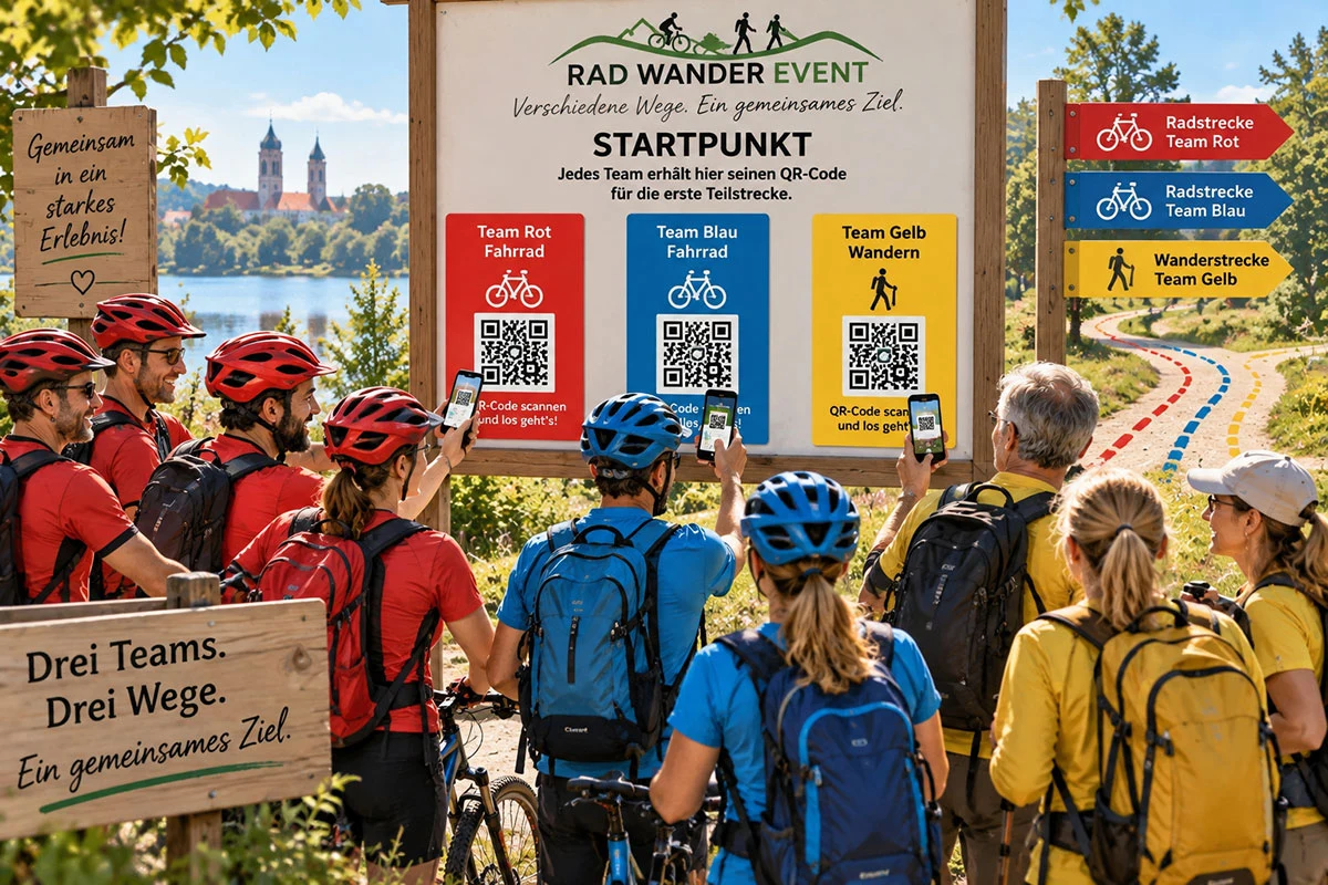 Drei Teams starten beim RAD WANDER EVENT. Team Rot und Team Blau fahren mit dem Fahrrad, Team Gelb wandert. Jedes Team scannt am Startpunkt seinen eigenen QR-Code für die erste Teilstrecke.
