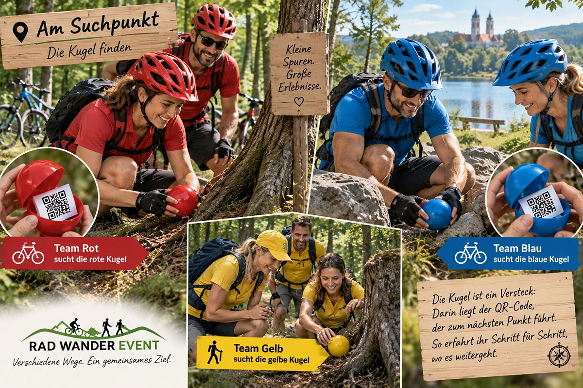 Team Rot sucht die rote Kugel, Team Blau die blaue und Team Gelb die gelbe. In jeder Kugel befindet sich ein QR-Code, der das jeweilige Team zum nächsten Punkt der Strecke führt.